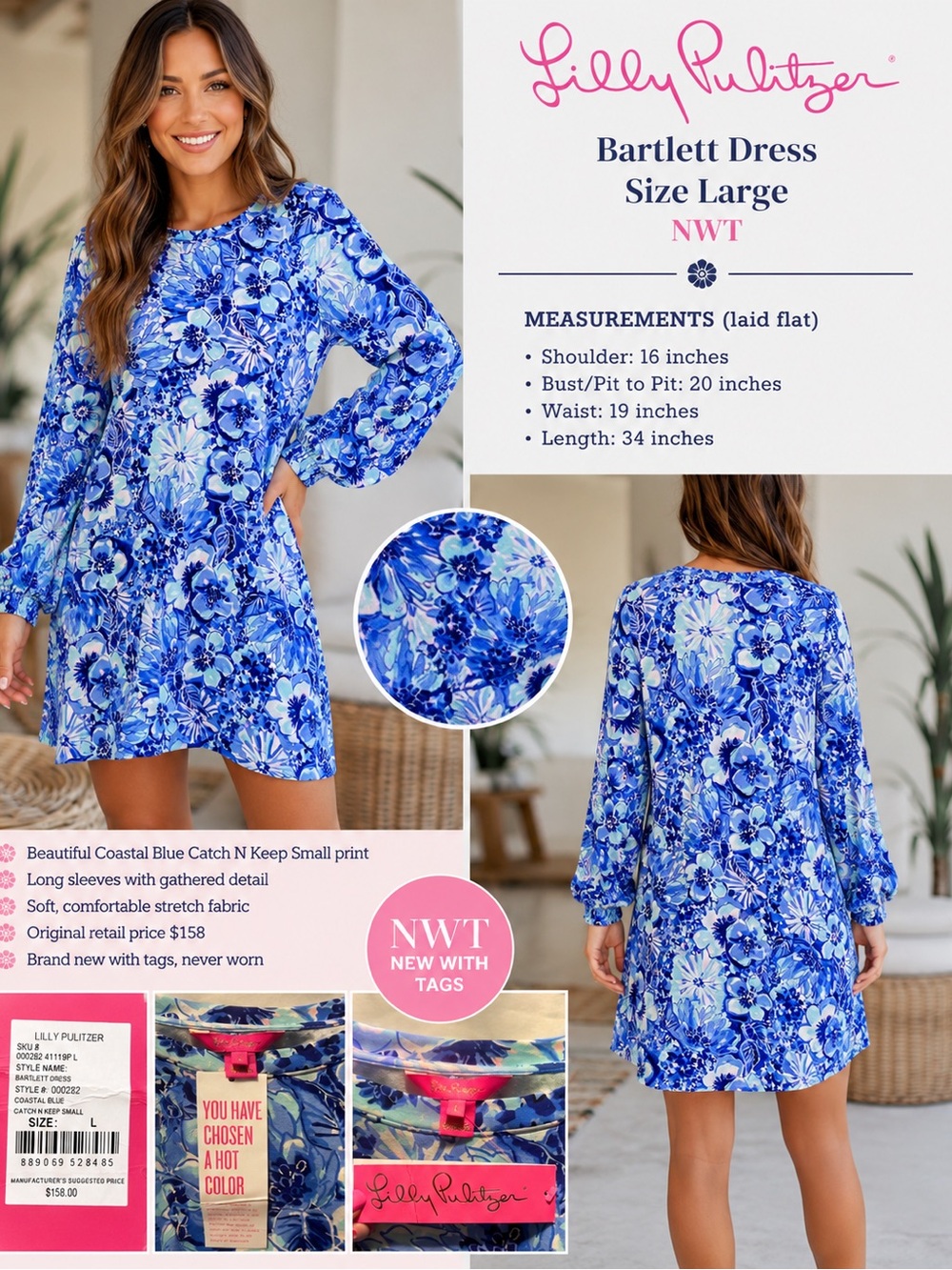 Lilly Pulitzer Blue Floral Long-Sleeve Bartlett Dress NWT.